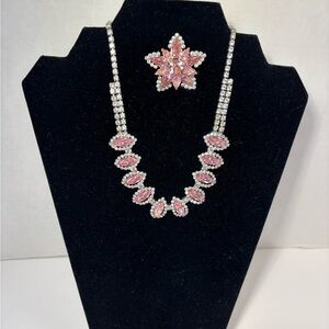 Weiss Pink Rhinestones Necklace Star Brooch Estate Signed Pink Clear Rhinestones